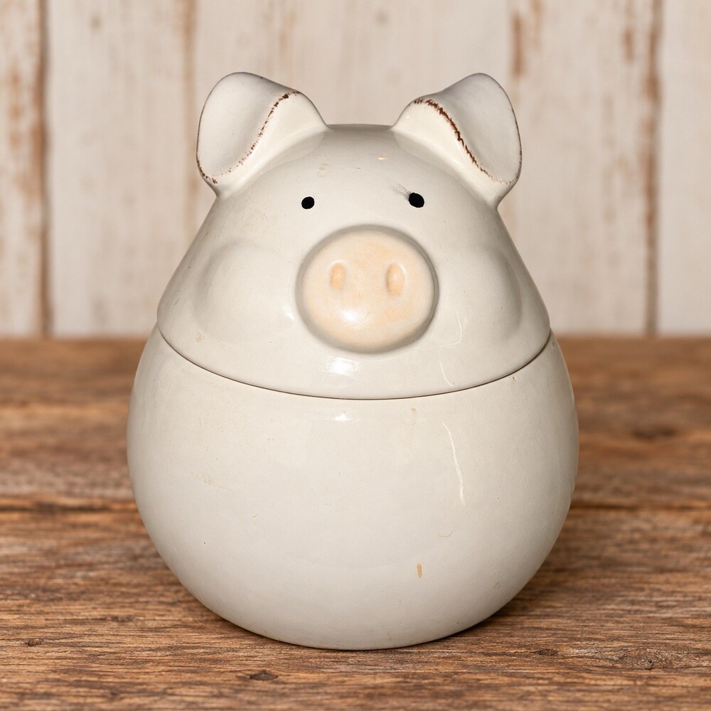 White Ceramic Pig Jar With Lid 7” Farmhouse Kitchen Canister Country Decor
